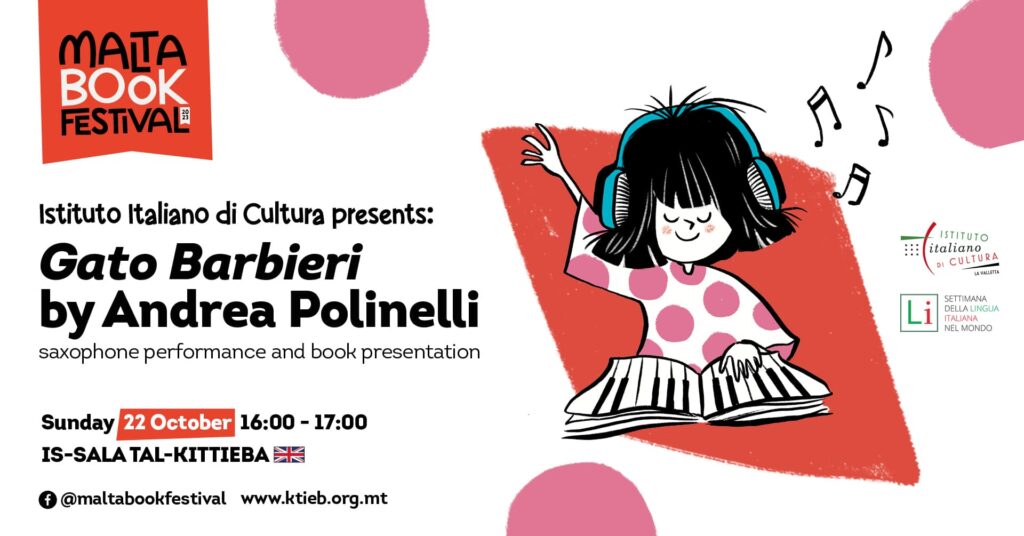 Daqq bis-sassofonu u preżentazzjoni ta&#8217; &#8216;Gato Barbieri &#8211; Una biografia dall&#8217;Italia tra jazz, pop e cinema&#8217; (ArtDigiland) &#8211; Istituto Italiano di Cultura &#8211; Is-Sala tal-Kittieba