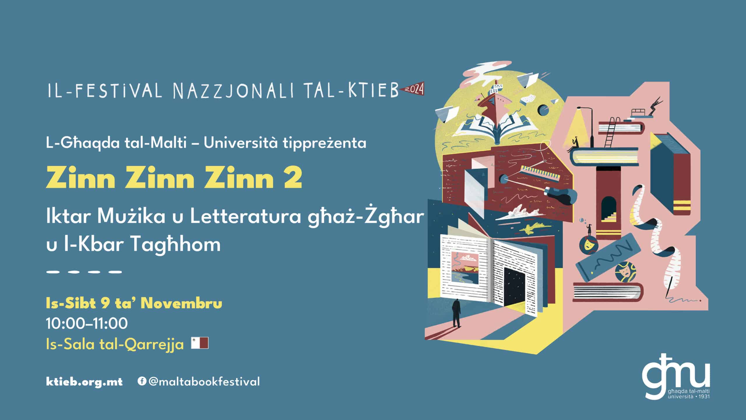 Zinn Zinn Zinn 2: Iktar Mużika u Letteratura għaż-Żgħar u l-Kbar Tagħhom – Għaqda tal-Malti – Università – Is-Sala tal-Qarrejja