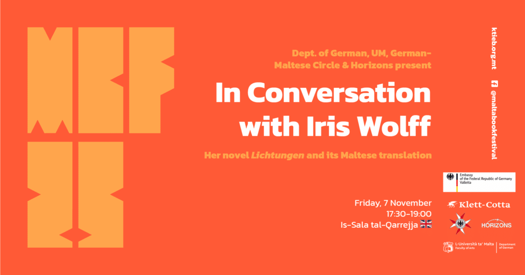 F’Konverżazzjoni ma’ Iris Wolff: Ir-rumanz tagħha Lichtungen u t-traduzzjoni għall-Malti – Dept. of German (University of Malta), German-Maltese Circle &amp; Horizons  – Is-Sala tal-Kittieba 🇬🇧